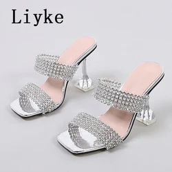 Liyke New Brand 9CM Strange High Heels Women Slippers Fashion Transparent PVC Rhinestone Sandals Summer Party Prom Shoes Ladies