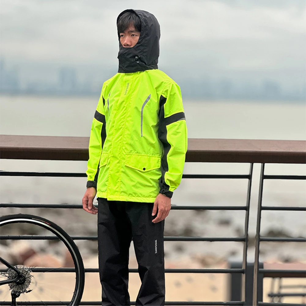 Bicycle Rain Pants Rain Coat Suit Waterproof Reflective Rain Jacket with Detachable Hood & Shoe Cover for Outdoor Cycling