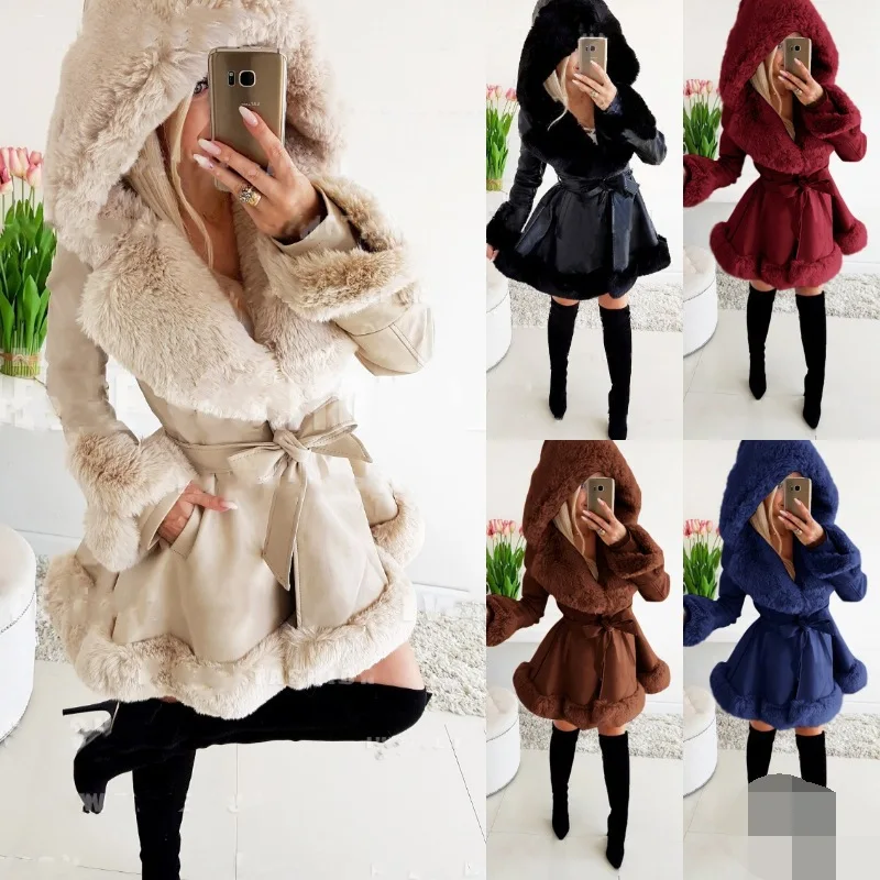 

New Women's Long-sleeved Warm Solid Color Lace-up Belt Fur Splicing Ruffle Edge Hooded Jacket Parka