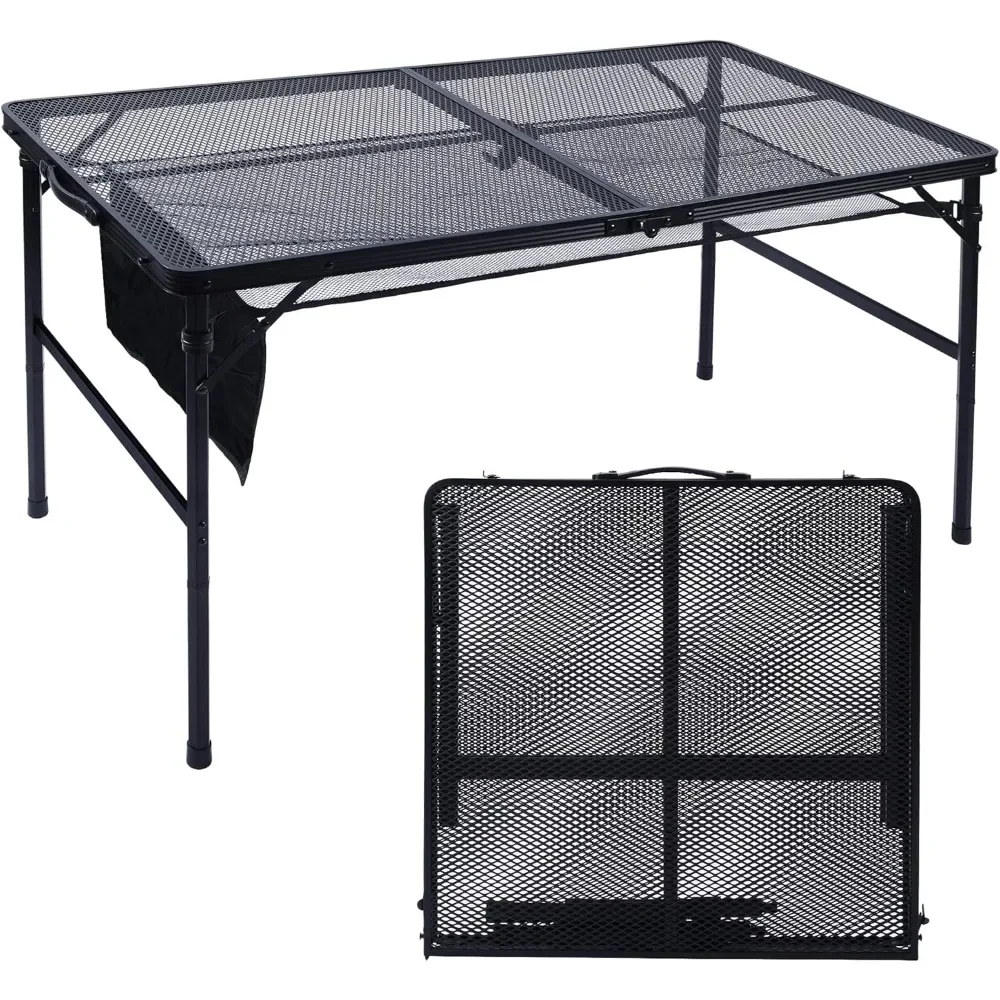 Folding Grill Table, 4x2 FT Portable Camping Table, Lightweight Height Adjustable Metal Table with Mesh Desktop and Mesh Bag