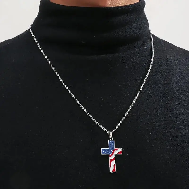 1 قطعة سلاسل الفولاذ المقاوم للصدأ العلم الأمريكي قلادة يسوع المسيح الصليب قلادة المينا الولايات المتحدة الأمريكية العلم الوطني المسيحية مجوهرات هدية #1