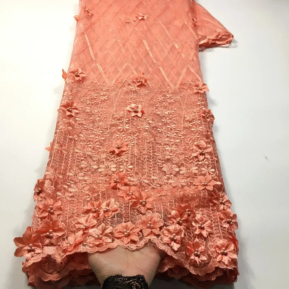 NEW Lace Fabric Peach African Lace Fabric 2024 High Quality Lace Beaded French Nigerian Lace Fabrics 3D Lace 5 Yards /Lot M3542