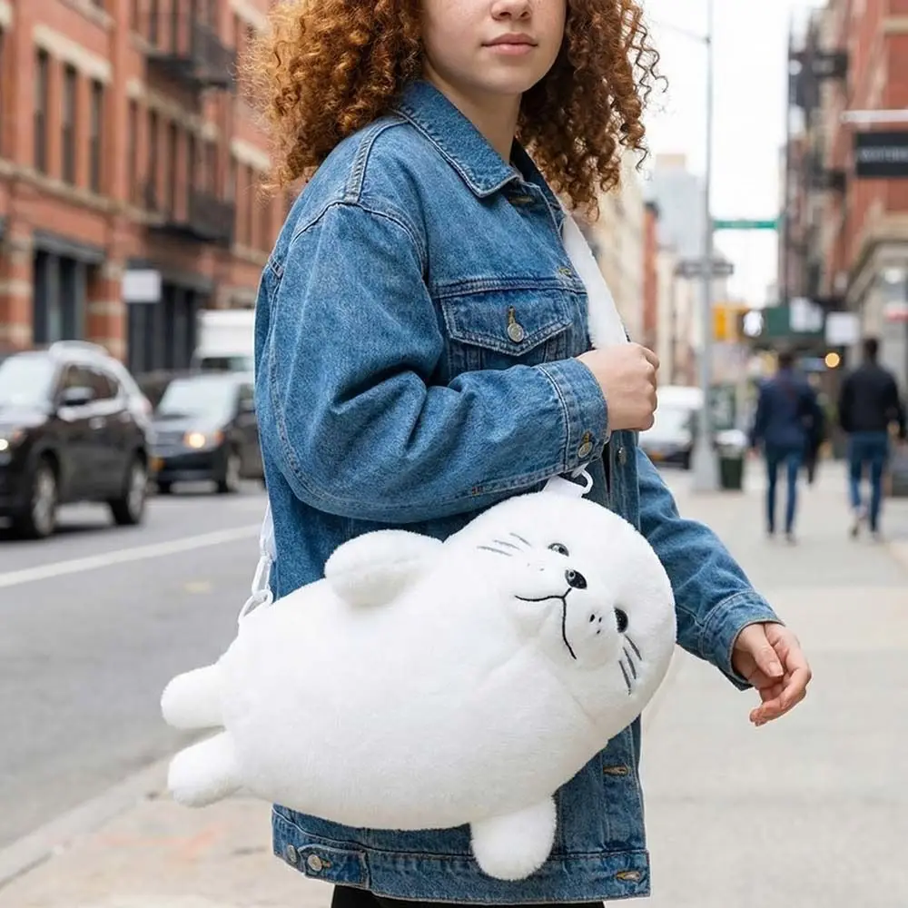 

Creative Cute Seal Shoulder Pouch Soft Adorable Cartoon Seal Handbag PP Cotton Lightweight Plush Crossbody Bag Daily