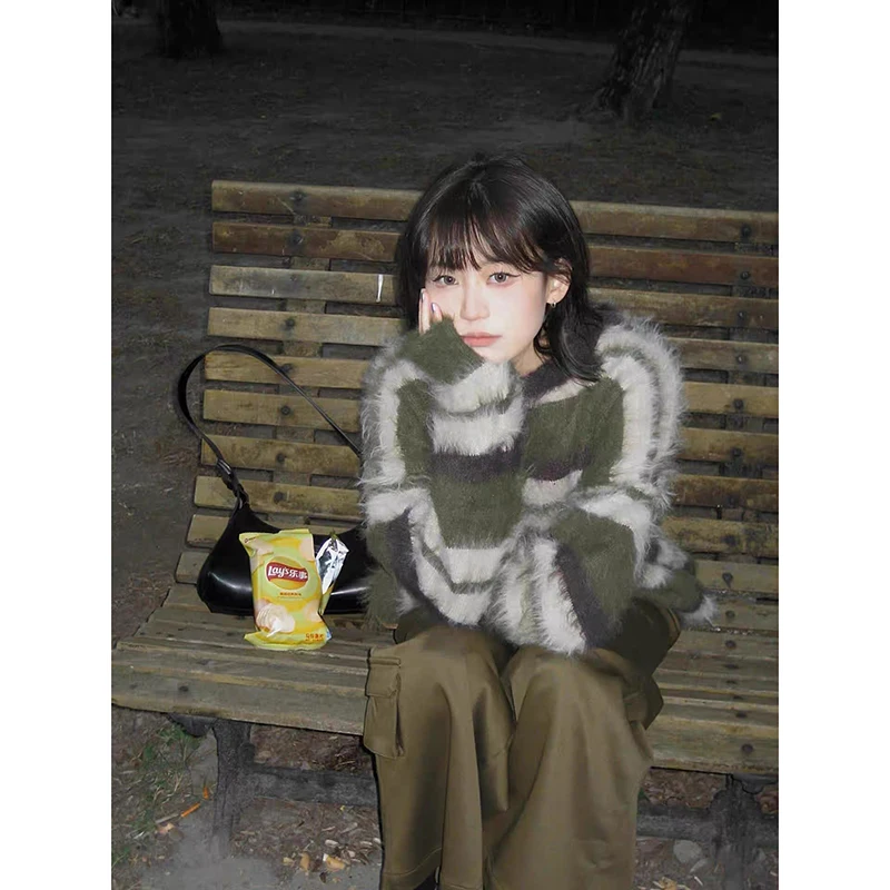 

YIBASHU зимний свитер в корейском стиле с круглым вырезом в полоску, женский свободный осенне-зимний американский винтажный зеленый вязаный топ 2000-х годов