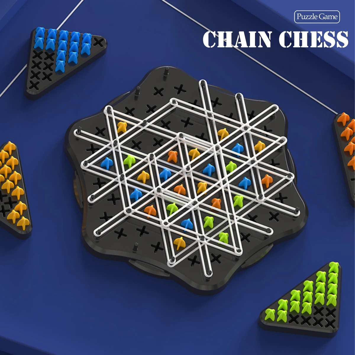 Chain Triangle Chess Game, Family Fun Night Chess Set Geoboards with Rubber Bands, Triggle Elastic Band Game for Kids & Adults