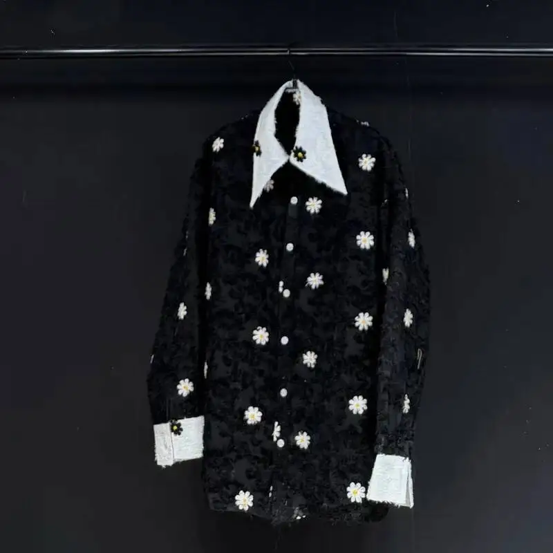 Fashion Male Shirt Autumn New Trend Floral Patchwork Color-matching Design Long Sleeve Turn-down Collar Men Shirts CDR56