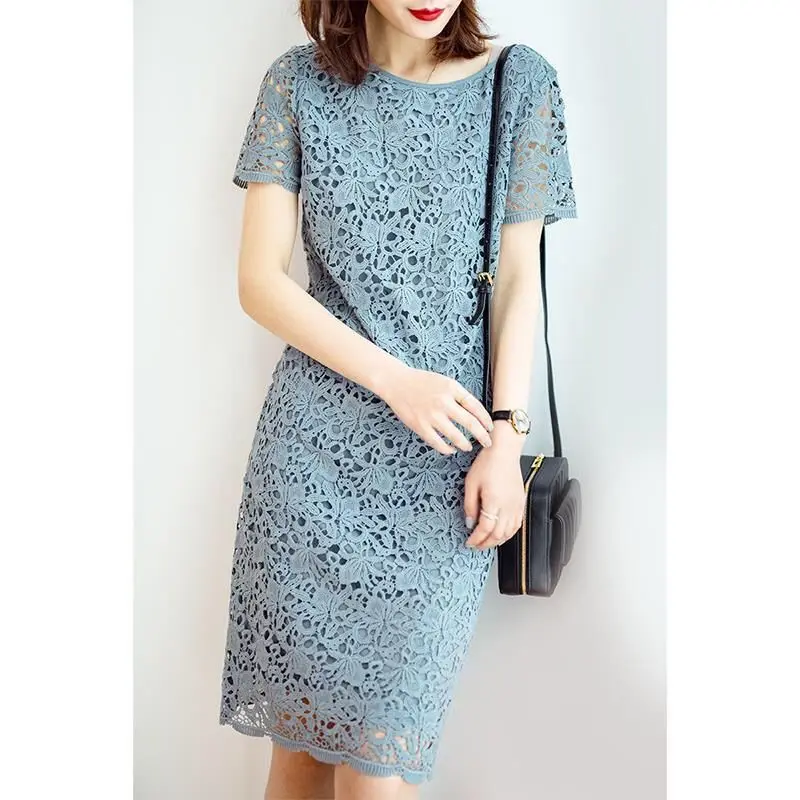 

Water-soluble lace dress women's spring/summer 2022 new temperament openwork lace mid-length short sleeves