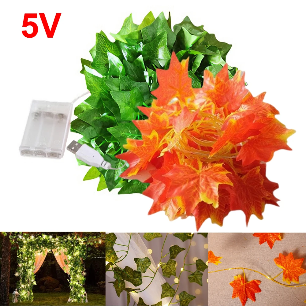 Lampu LED String Daun Eucalyptus Hijau Daun Maple 5V USB Daya Baterai Dekorasi Pernikahan Natal 2M 5M 10M Lampu Peri