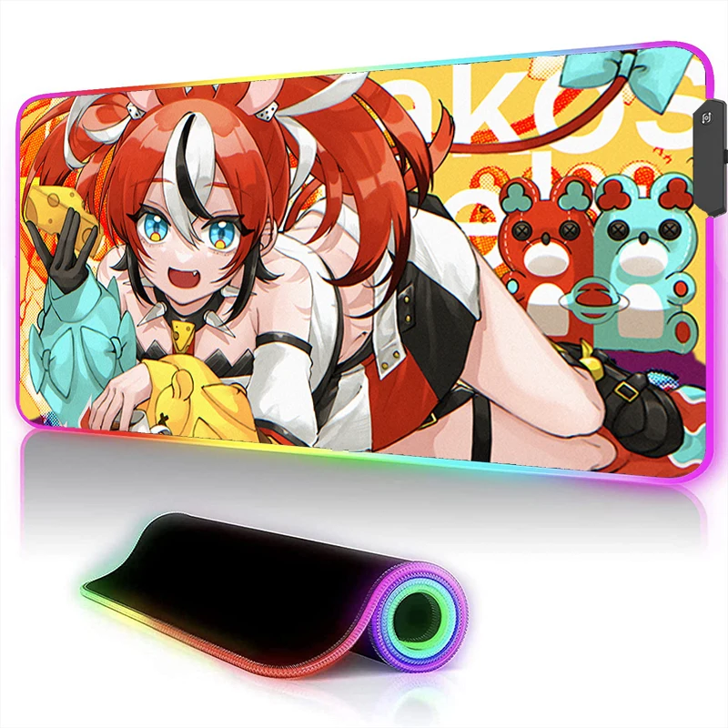 Hololive Hakos Baelz Mouse Pad LED Computer Kawaii Colorful Keyboard Rug RGB Laptop Anime Girl Gamer Cabinet Mousepad Desk Mat
