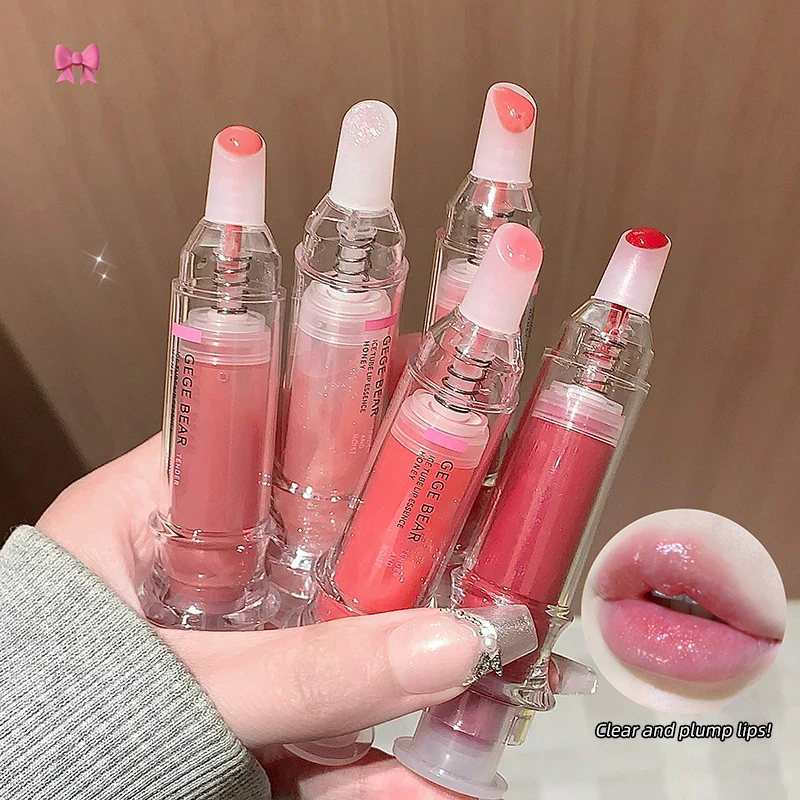 Gege Bear Ice Beet Brillant à lèvres Essence Miel, Brillant à lèvres de type pressé, Baume lisse, Ambiance riche, Explosion, Paillettes, Transparent