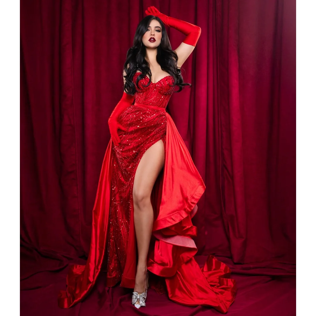 

Красные вечерние платья со съемным шлейфом, свадебное платье с разрезом, индивидуальное кружевное платье для выпускного вечера с блестками, элегантное вечернее платье