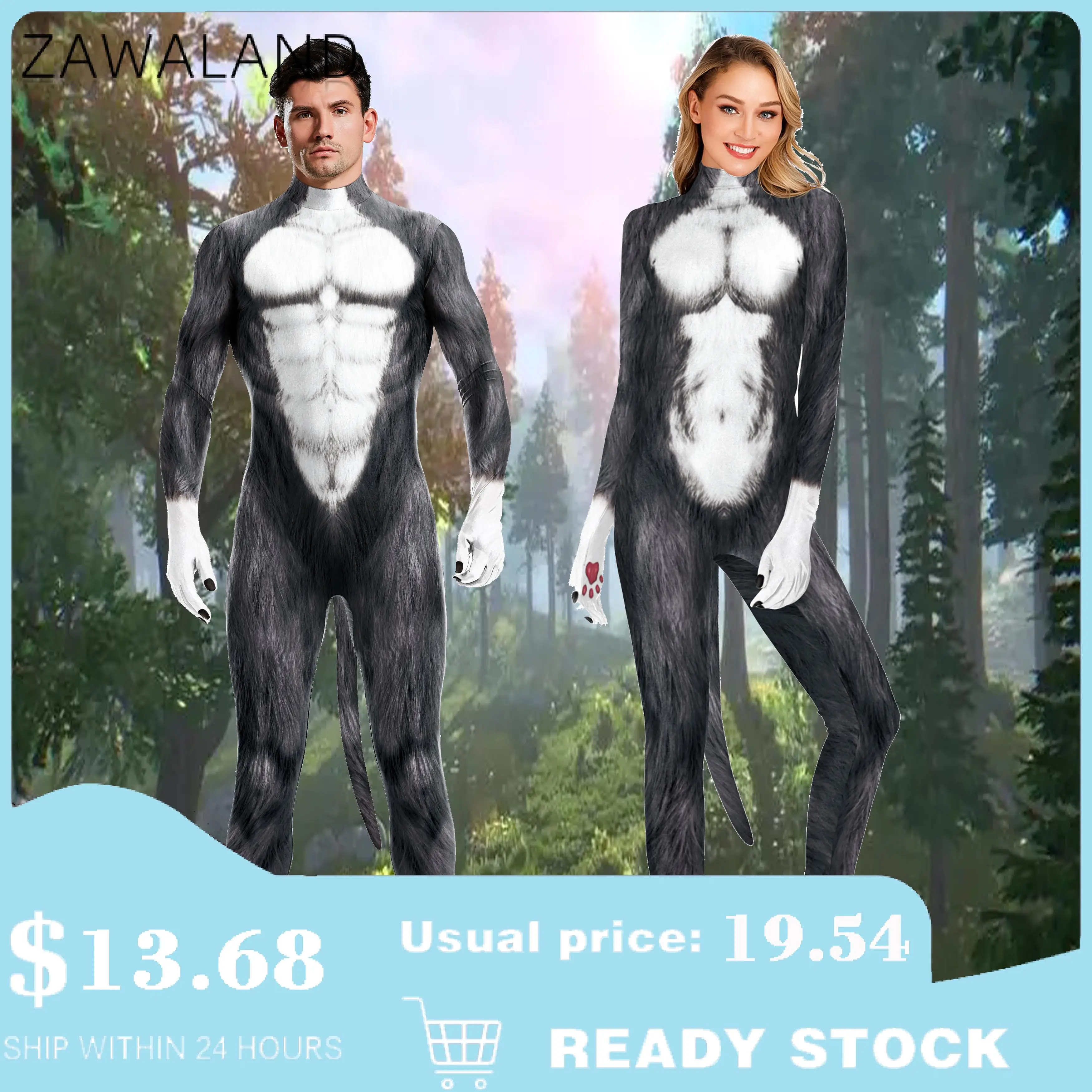 

Zawaland Halloween Cosplay Costumes Clothing Cartoon Catsuit Wolf Printed Jumpsuits Fantasy Dress Adult Unisex Bondage Bodysuit