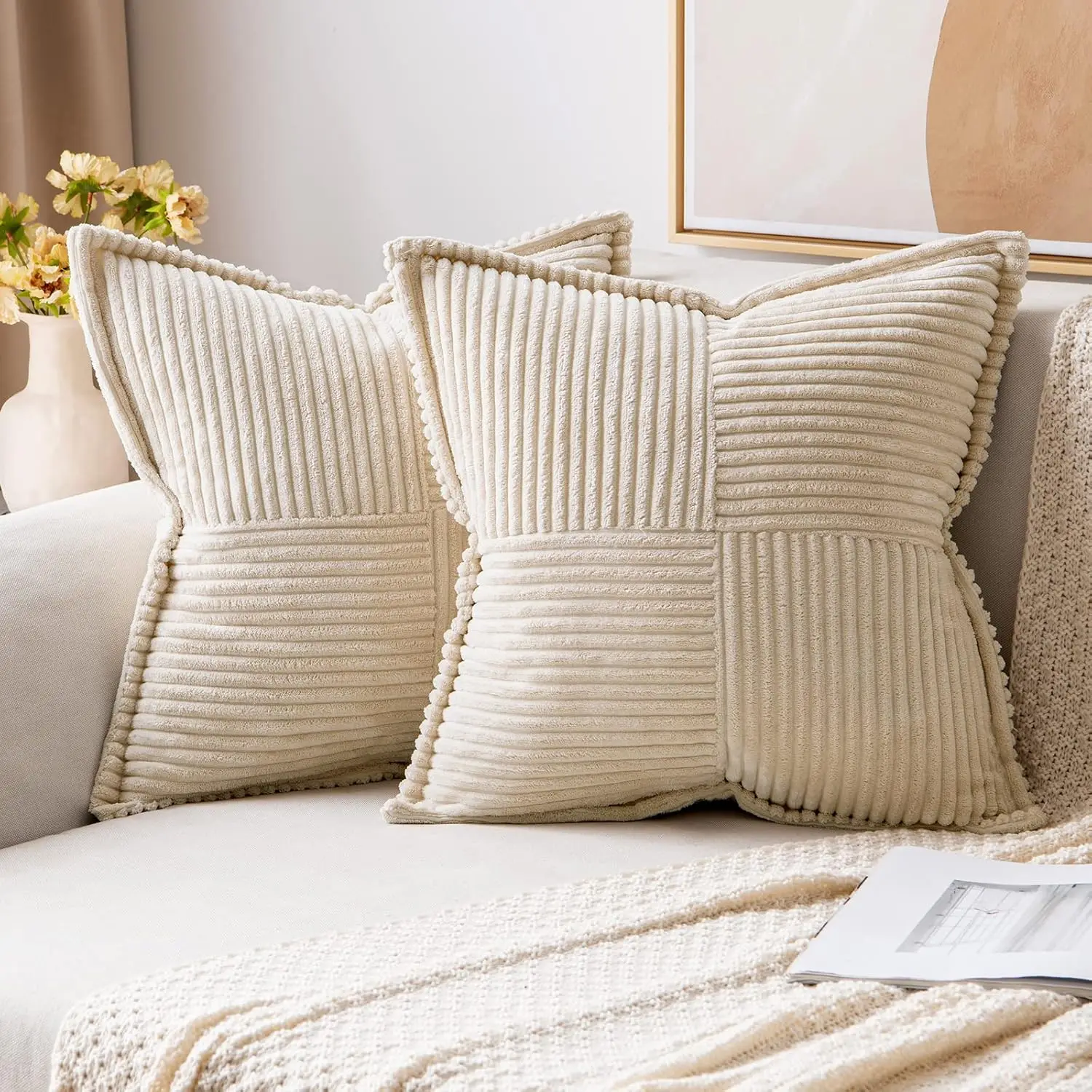 

Boho Decorative Pillow Covers For Couch Bed Sofa Farmhouse Home Decor 26X26 H Set Of 2 Beige Throw Pillow Broadside Soft