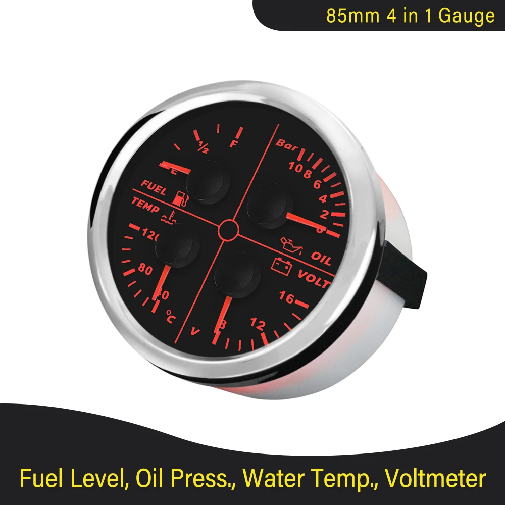 ELING 85mm Fuel Level 0-190 ohm 240-33 ohm Oil Pressure Water Temp Voltmeter 4 in 1 Multi-function Gauge Red Backlight 12V