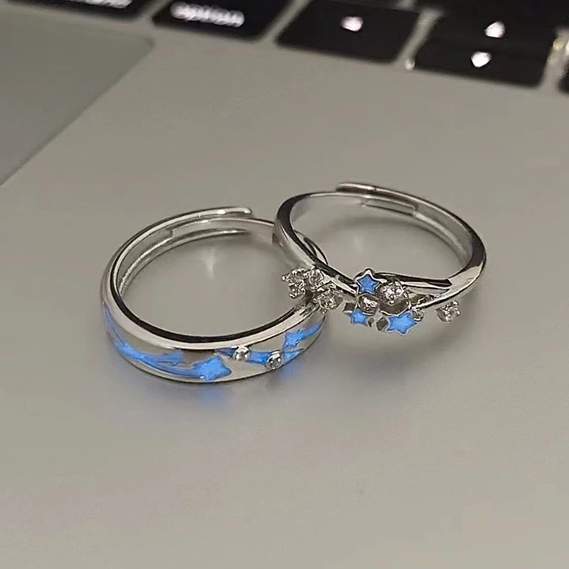 Creative Star Couples Rings Glow In The Dark Finger Rings Unisex Geometric Luminous Adjustable Open Ring Lovers Glowing Jewelry