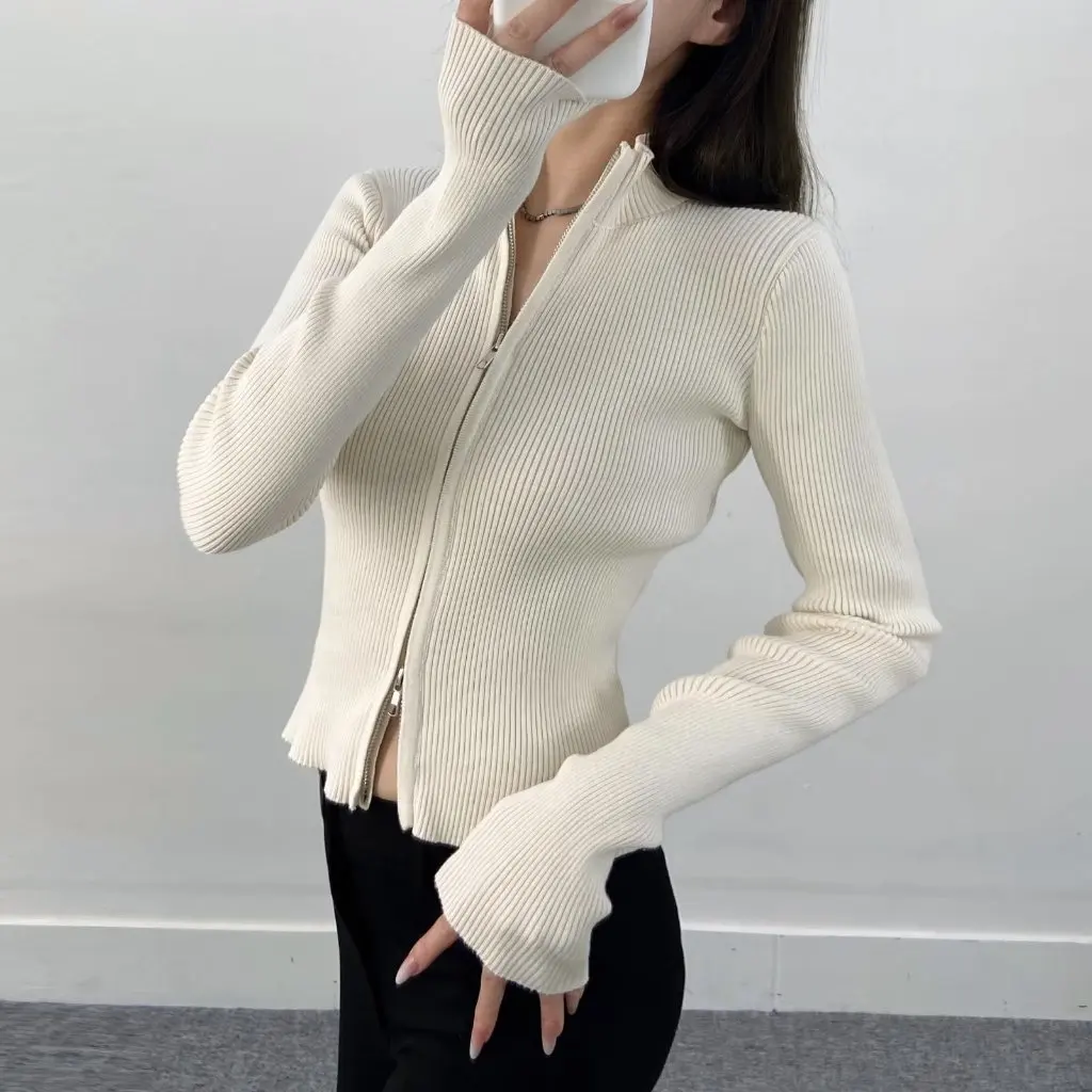 

Women's Slim Fit Knitted Cardigan Stand Collar Striped American Style BM Double Zipper Short Sweater for Autumn Winter