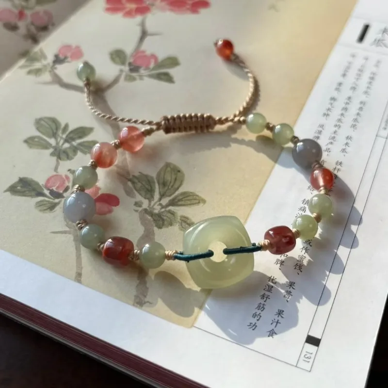 

Handwoven Hetian Jade Square Peace Buckle Bracelet with South Red Agate Adjustable for Women Gifts