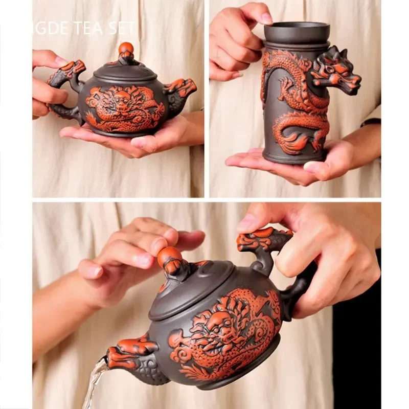 Authentic Yixing Dragon Teapot Sets 9pcs Boutique Purple Clay Tea Set Handmade Zisha Tea Pot and Cup Set Customized Teaware Gift