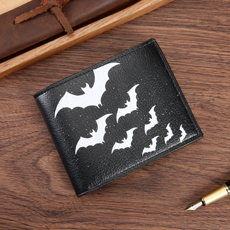 Ultra-slim portable cropped wallet Retro starry sky bat print soft leather zippered coin purse