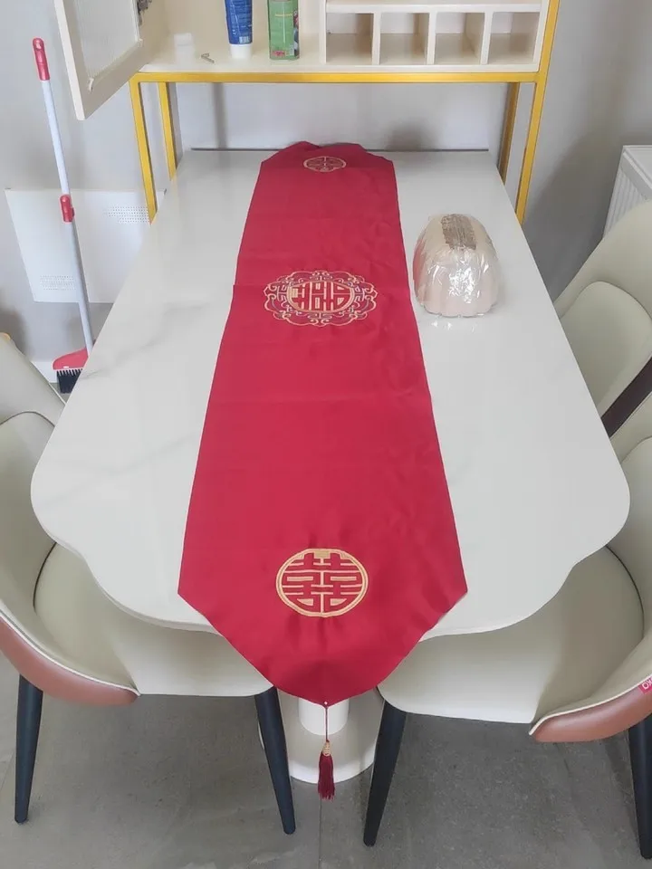 

1pc Elegant Red Decor Table Runner with Double Happiness Symbol - 70.86" x 13.77" Wedding Celebrations and Home Decor