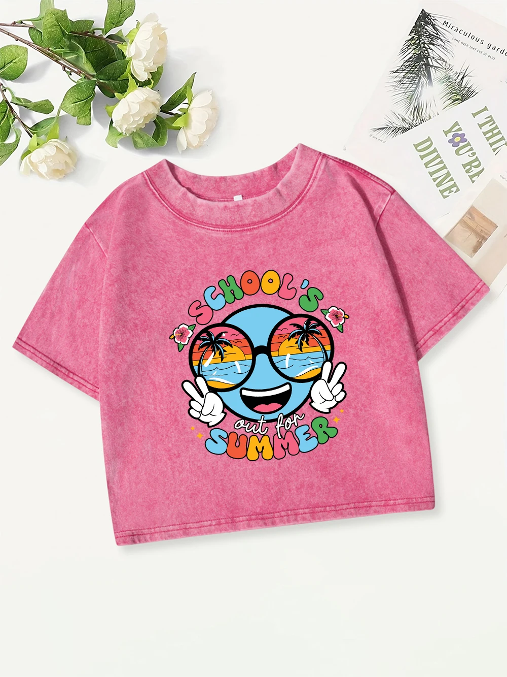 

Street Cotton Crop Tops Womens School'S Out For Summer Prints Washed T-Shirt Casual O-Neck Regular Fit Streetwear Y2K Clothes