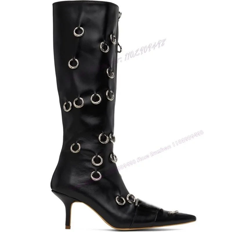 

Black Matte Leather Metal Ring Decor Boots Knee High Pointy Toe Shoes for Women Thin High Heels Shoes 2023 Zapatos Para Mujere