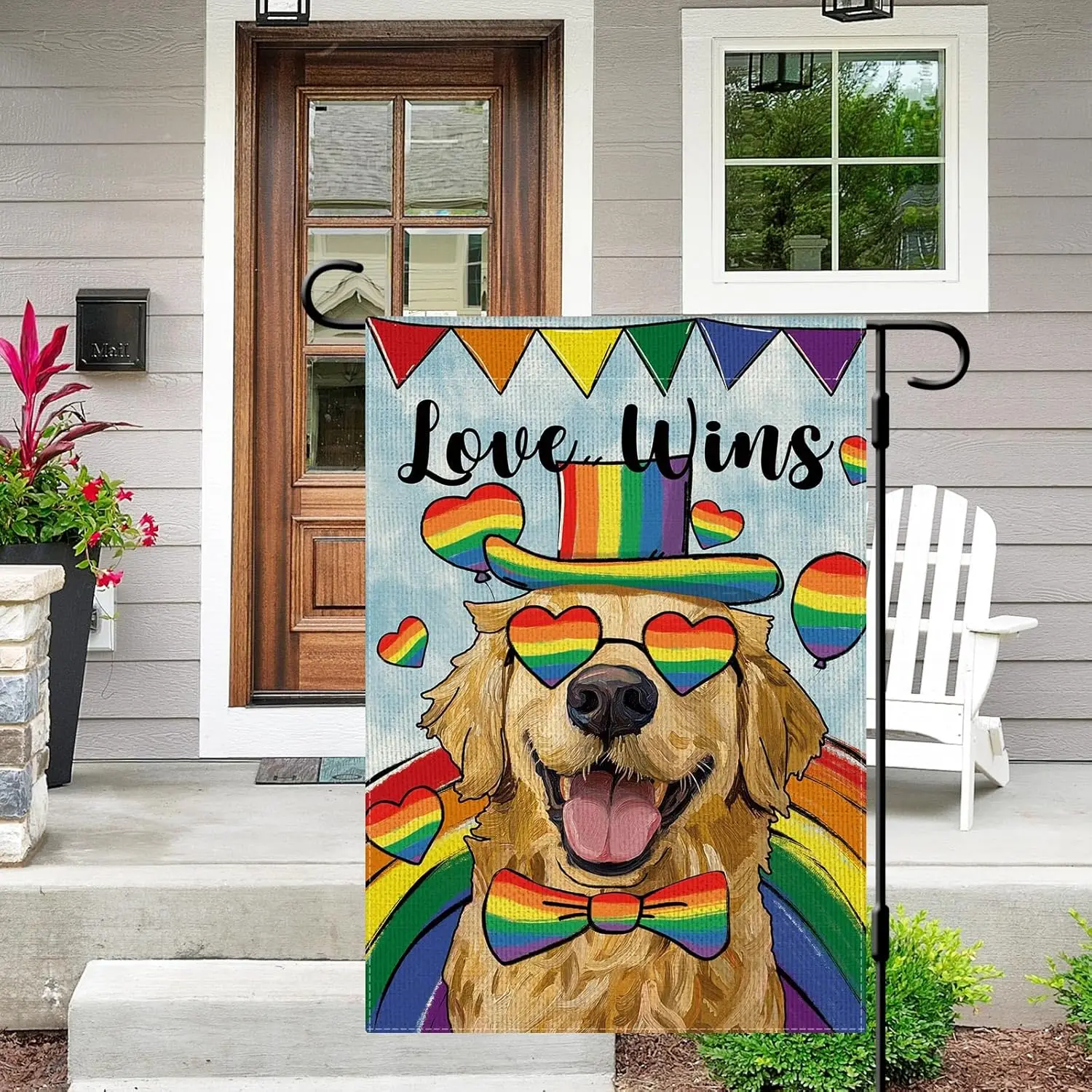 DLZDN Love Wins Rainbow Golden Retriever Garden Flag 12×18 Inch Double Side Vertical Burlap Farmhouse Yard Flag Gay Lesbian  jjp