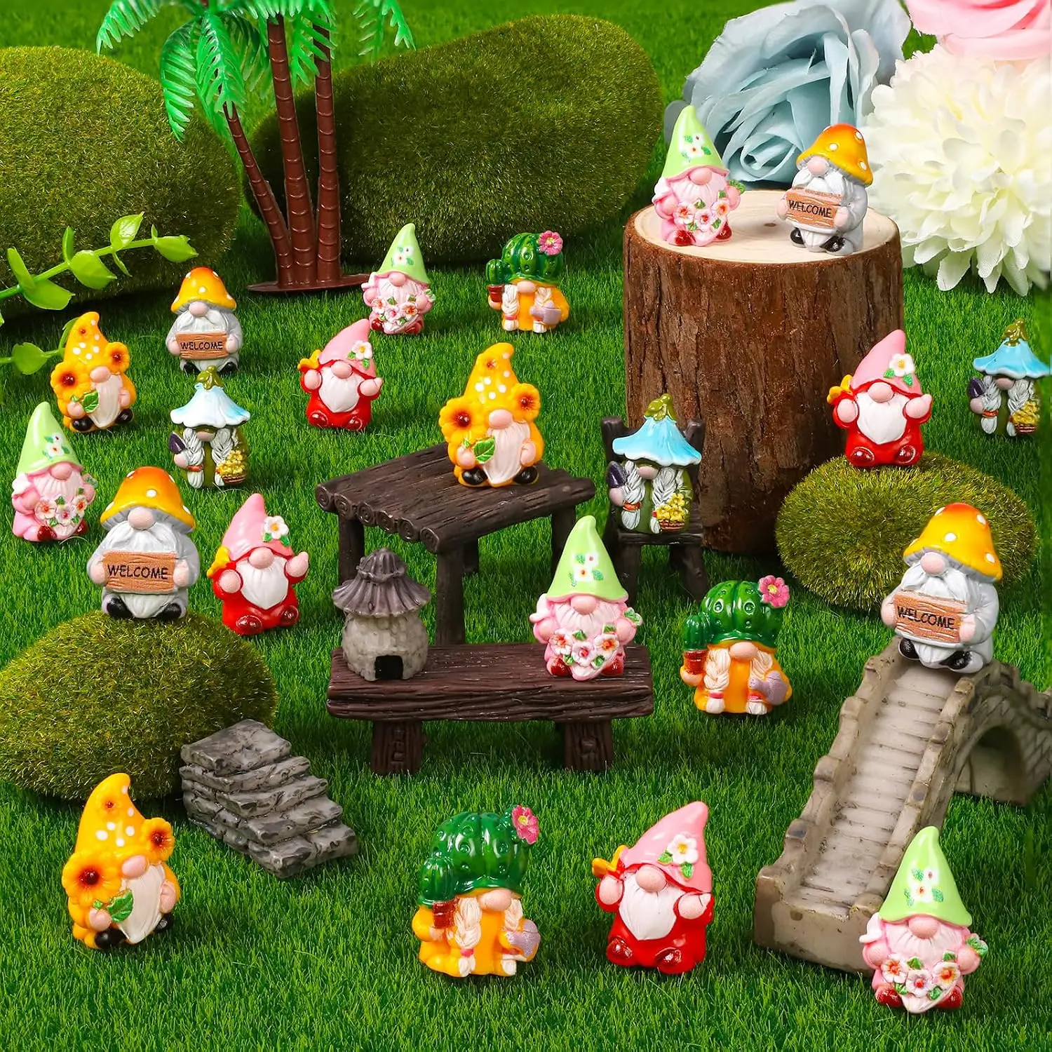 6Pcs Spring Mini Gnome Figurines 6‑Style Resin Gnome Decor Sunflower Cactus for Tiered Tray Fairy Garden Desk Aquarium Home Deco