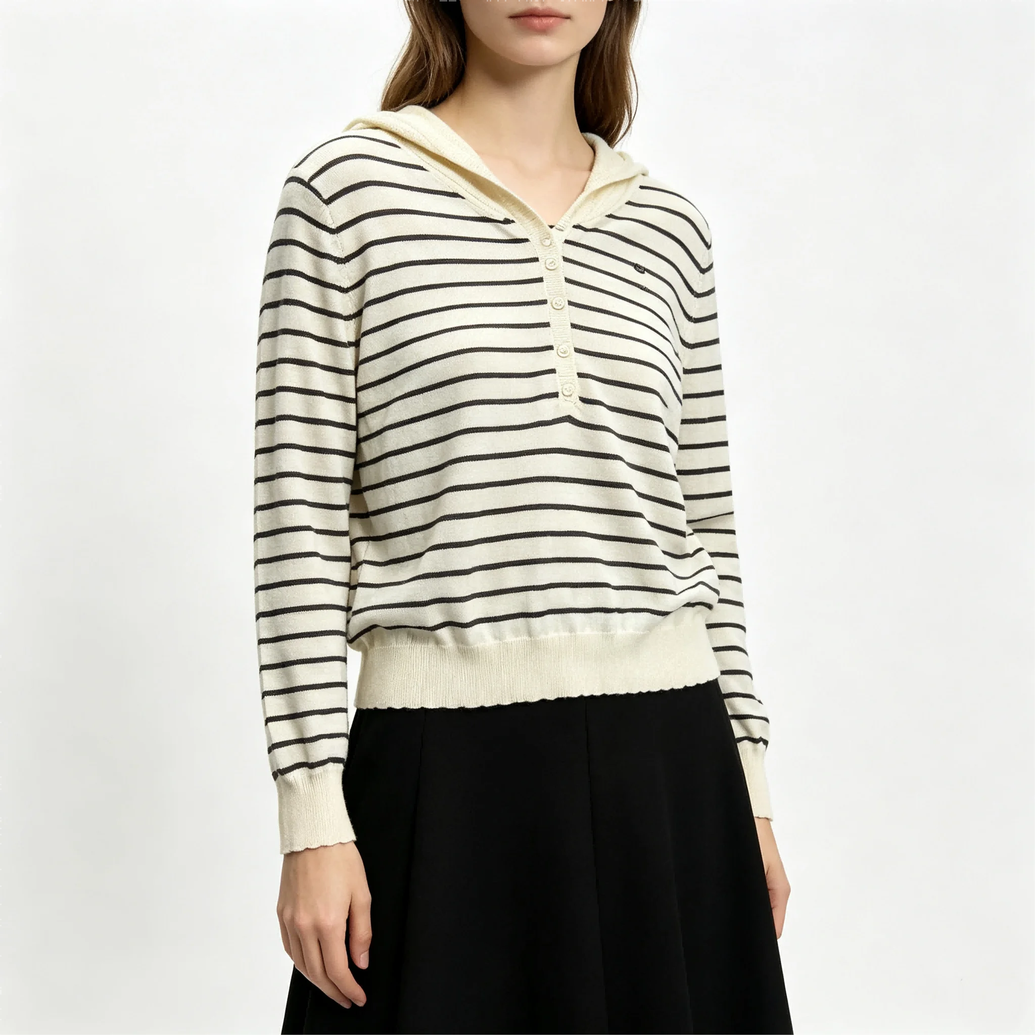 Women's Striped Knit Top with Hollow out Hood Half Button Long Sleeve Casual Hooded Sweater