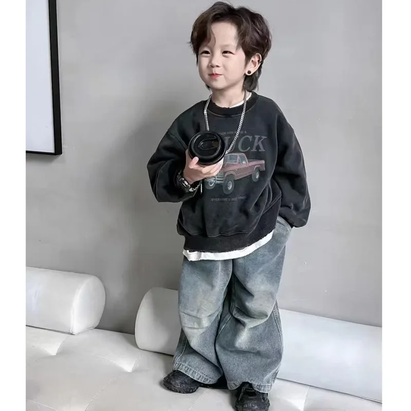 

Boys' Long Sleeved Shirt Jeans Two-piece Sets Spring Autumn 2024 New Korean Fashion Casual Vintage Print Loose Pants Suits