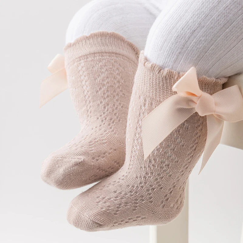 

Летние детские чулки с бантом, длинные носки принцессы для девочек, полые дышащие детские сетчатые носки с защитой от комаров, детская обувь для детей 0-3 лет