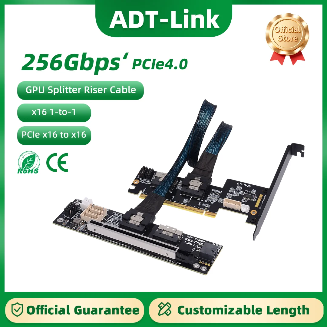 ADT-Link 256Gbps PCIe 4.0 x16 SlimSAS GPU Splitter Extension Cable (1-to-2 and 1-to-4 SFF-8654) Gen4 Graphics Card Riser Adapter