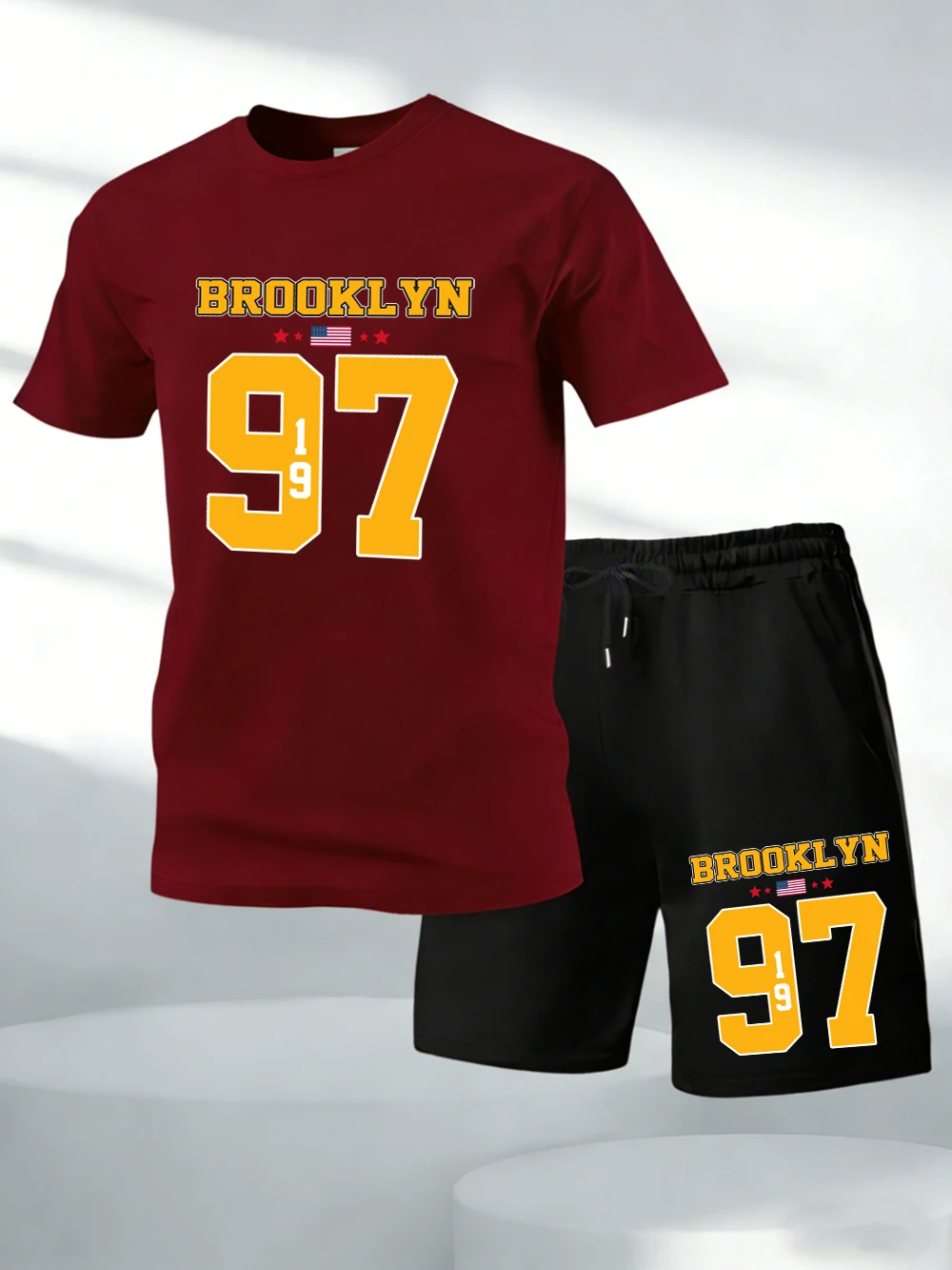 

Two Pieces Set Brooklyn Usa 1997 Printing Cotton T-Shirts Pants Mens Soft O-Neck Oversized Tops High Waisted Pocket Male Shorts