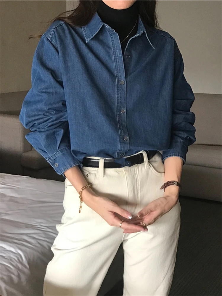 BL9820 New 2023 Korean Fashion Denim Office Lady Female Oversized Wild Women Blouses Shirts Spring Vintage Elegant Lady Tops