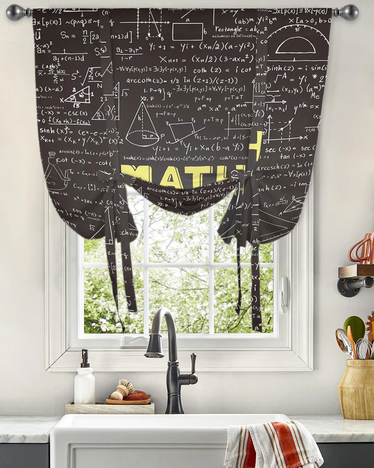 Math Equation Blackboard Curtain for Living Room Kitchen Tie-up Short Curtains Adjustable Rod Pocket Drapes