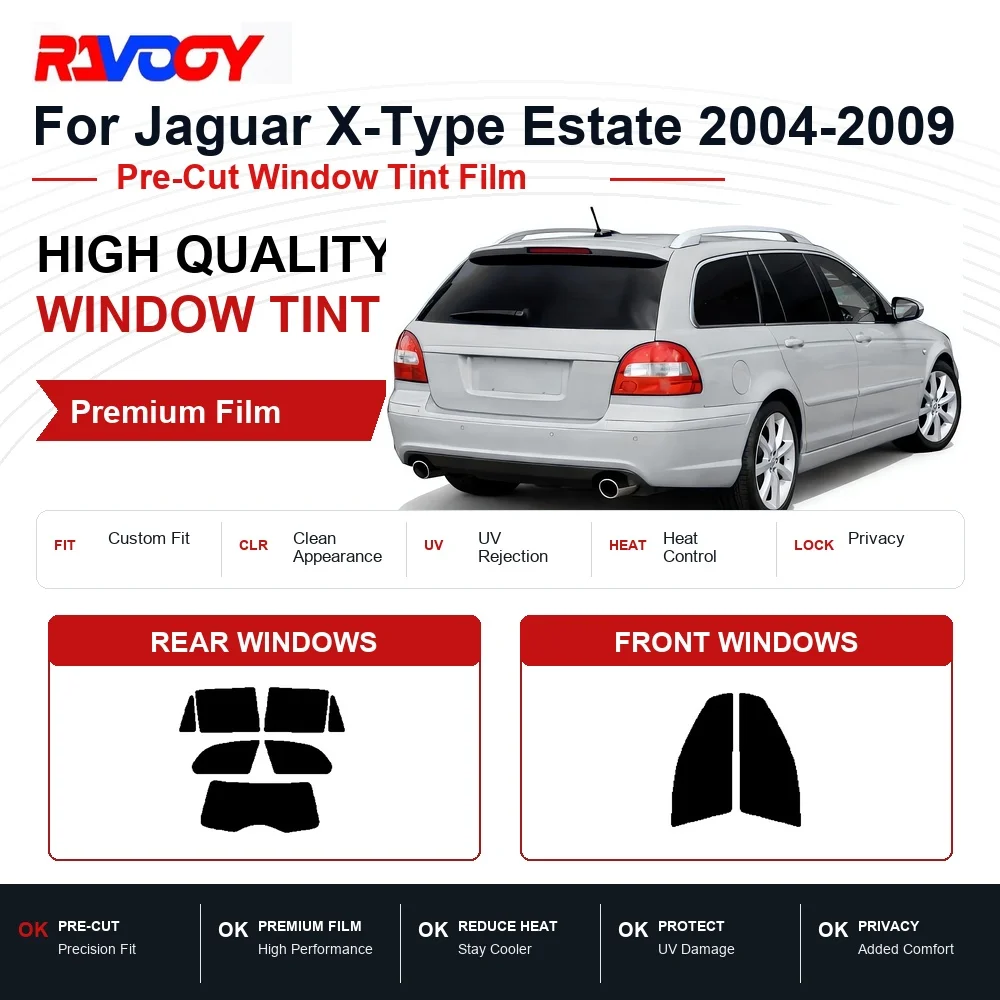 RAVOOY Precut Window Tint, Reusable Removable EPU Film, Custom Fit for Jaguar X-Type Sport Wagon 2005-2008, UV Heat Protection