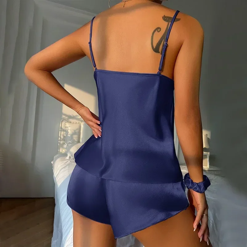 Пижама из трех предметов, шелковая однотонная атласная пижама с V-образным вырезом, топ на бретельках, эластичный пояс, шорты, женская одежда для сна, одежда для отдыха