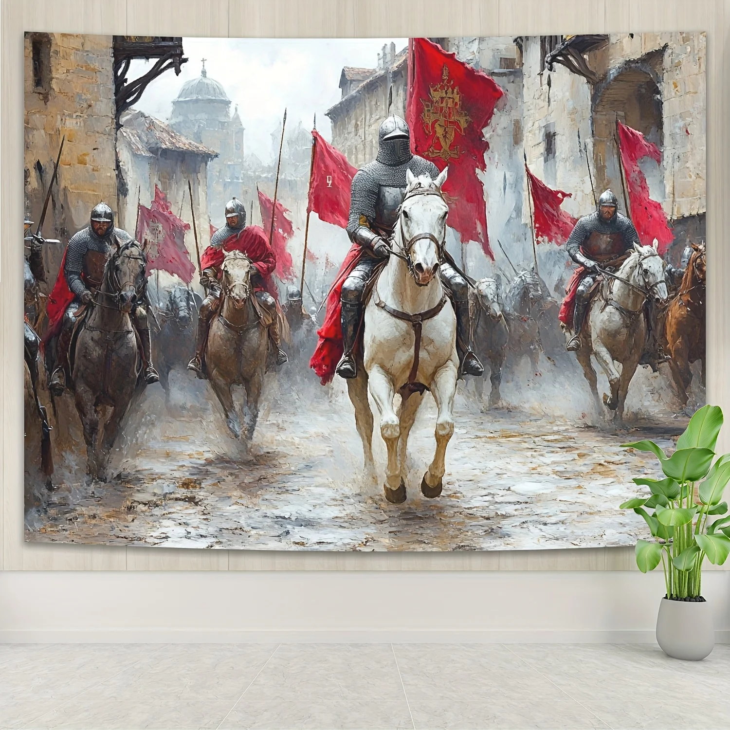 Elegant Medieval Battle Scene Tapestry - Polyester Wall Hanging with Crusaders, Horses & Flags - Perfect for Home Gatherings