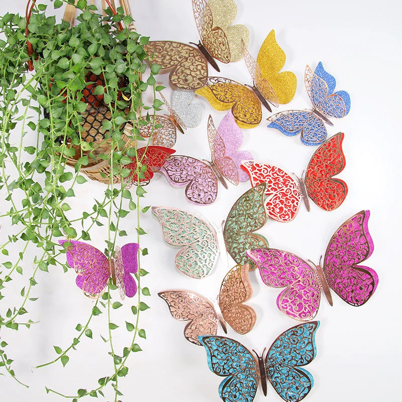 12Pcs Double-layer Butterfly Stickers Color Hollow Out Butterfly Gifts Wedding Festival Home Decoration Art 3D Paper Butterfly