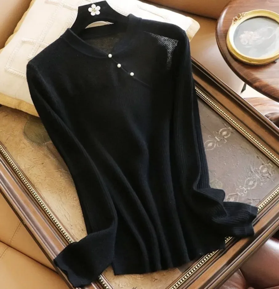 Chinese style retro hollow cheongsam collar wool sweater women\'s spring autumn loose sweater solid color cashmere long sleeve