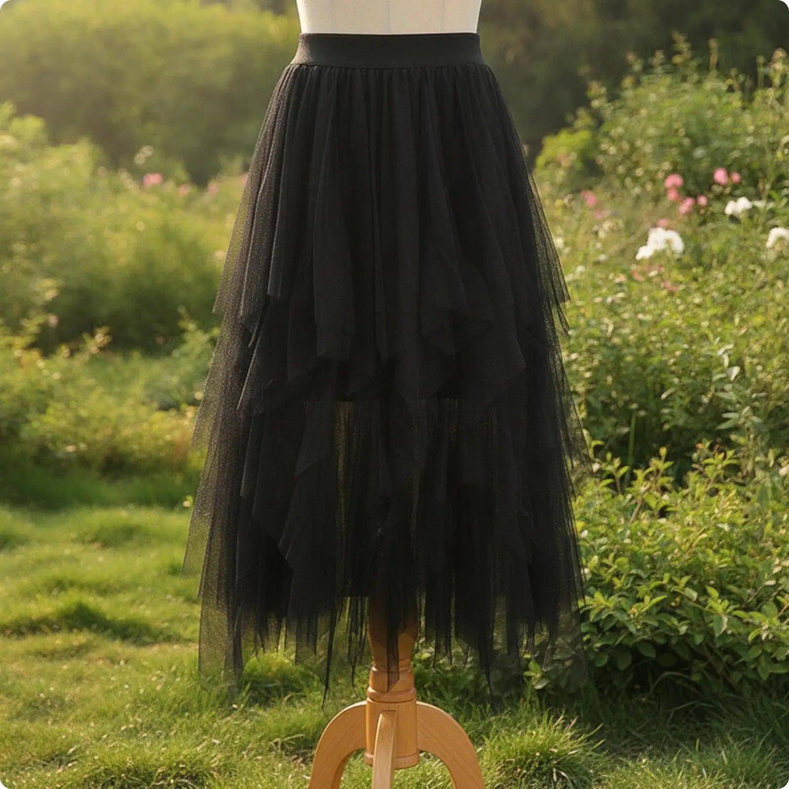 Chic Women Tulle Mesh Skirt Layered Midi Length Irregular Hemline High Waist Comfy Lined Soft Fabric for Evening Dinner Date