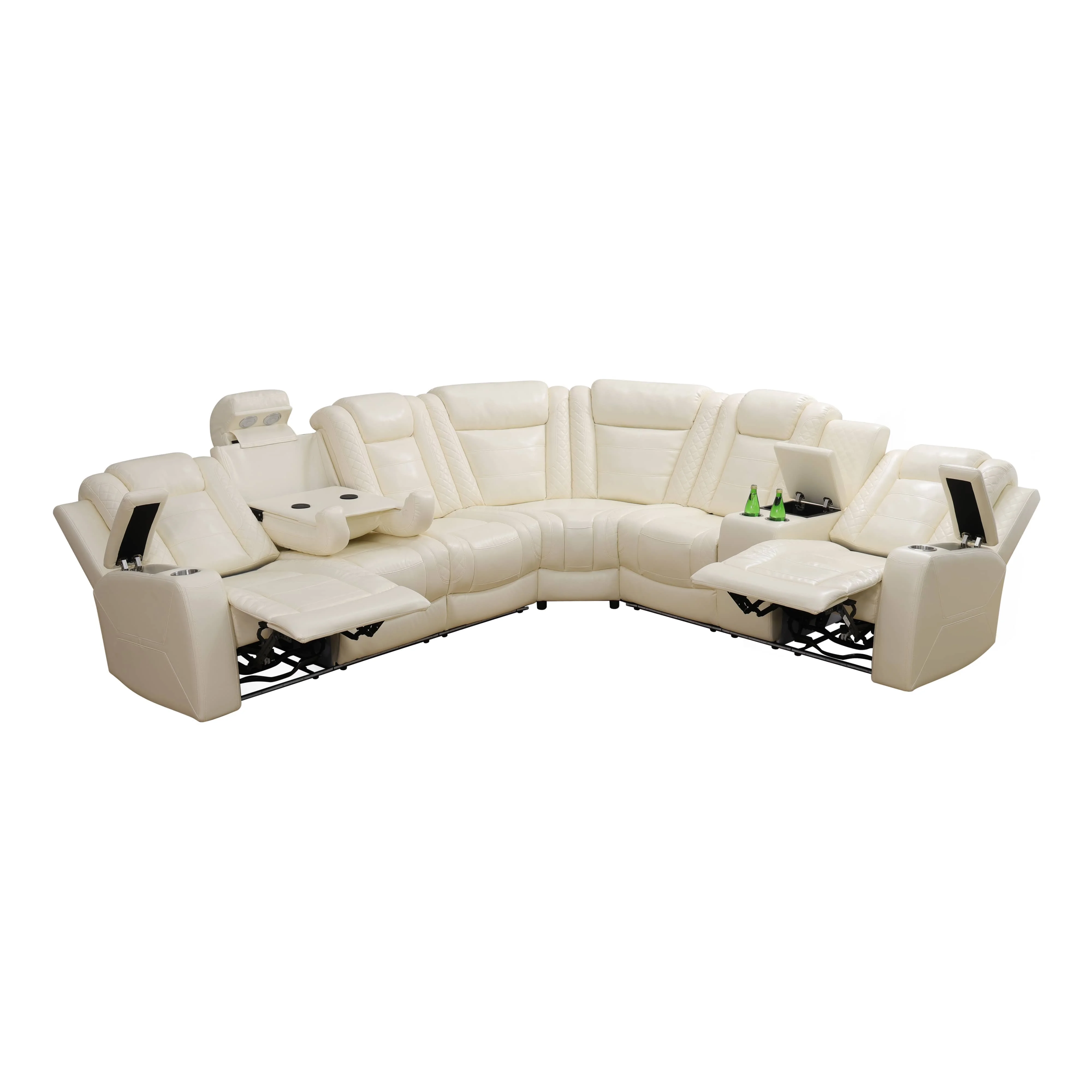 White Leather Electric Recliner Sectional Sofa, Home Theater Seating with LED Ambient Light,GN4749