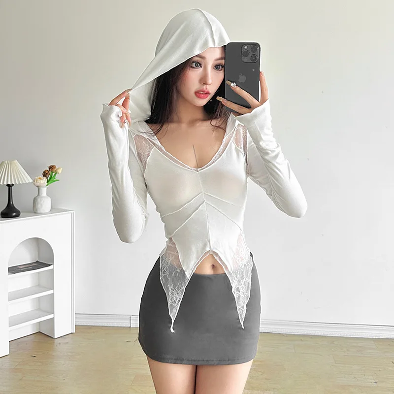 Autumn new women's solid color slim fit exposed navel street fashion hooded long sleeved t-shirt for women