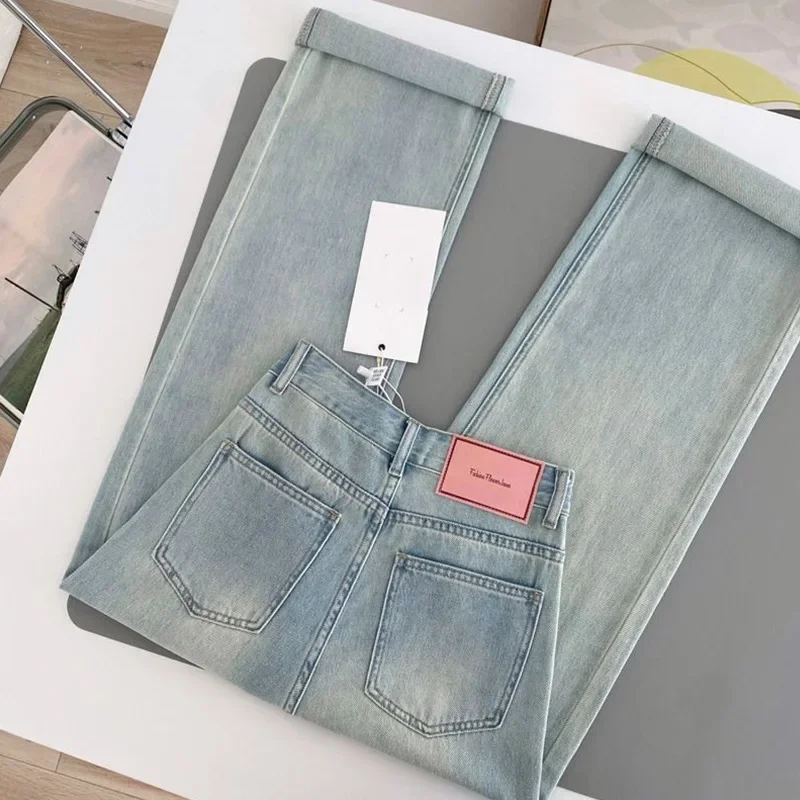 Jeans für Damen, Denim, weites Bein, gerade Hose, hohe Taille, Distressed, gewaschen, 2025, Streetwear, Taschen, Knopf in voller Länge