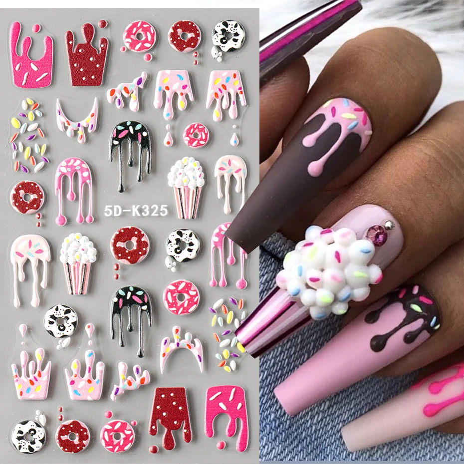 Autocollants pour ongles, crème glacée au chocolat, beignet, pop-corn 3D, Dessert sucré, Dessert d'été, décalcomanies pour manucure, décoration Nail Art, 2 pièces
