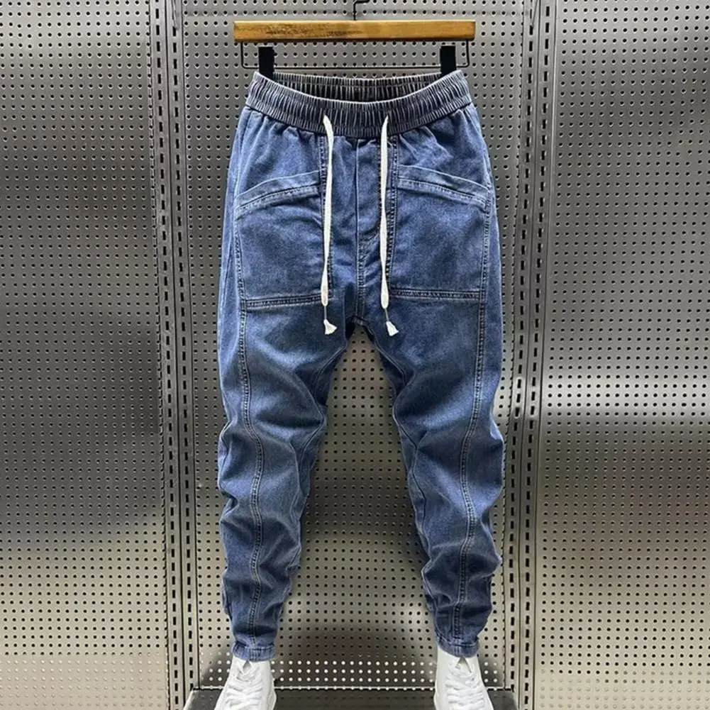 Cargo Harem Trousers Spring Autumn Men Jeans Fashion Drawstring Pockets Denim Pants Solid Color Casual Multi-pocket Men Trousers