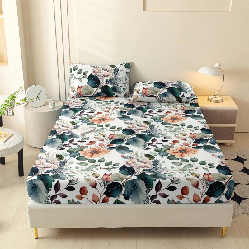 1pc Brushed Floral Print Polyester Fitted Sheet With Elastic Bands Non-Slip Mattress Cover for Single Double King Bed 153*203cm