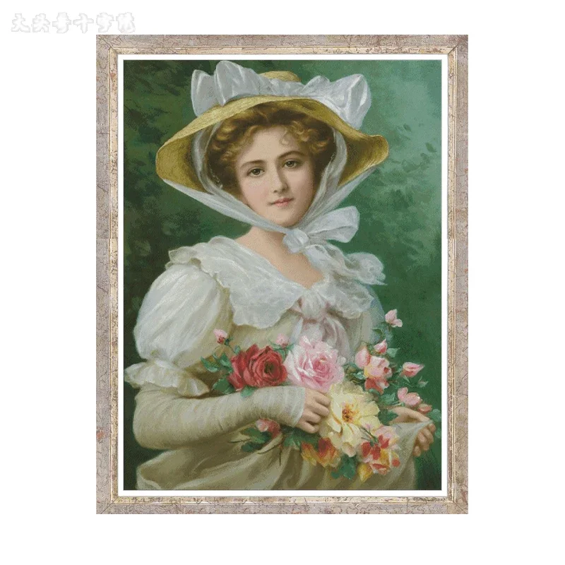 [ZZ5023-Oil painting bouquet girl] Stamped Cross Stitch Kit 14CT 16CT Pre Printed Canvas Cotton Thread DIY Embroidery Wall Decor