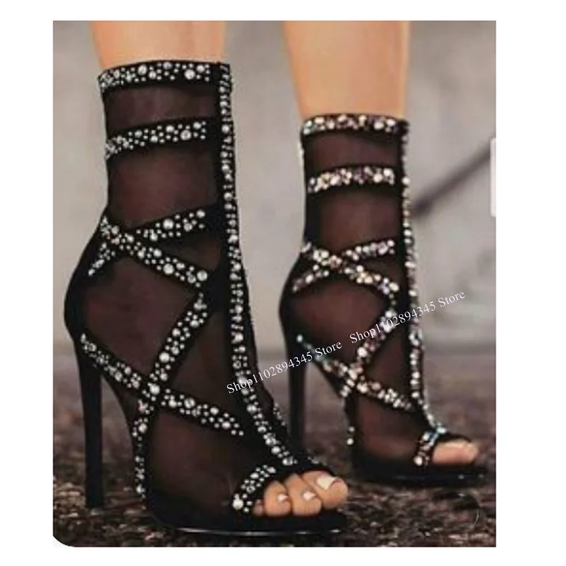 

Black Crystal Mesh Peep Toe Sandals Thin High Heel Mid Calf Fashion 2023 Summer Casual Big Size Woman Shoes Zapatillas Mujer