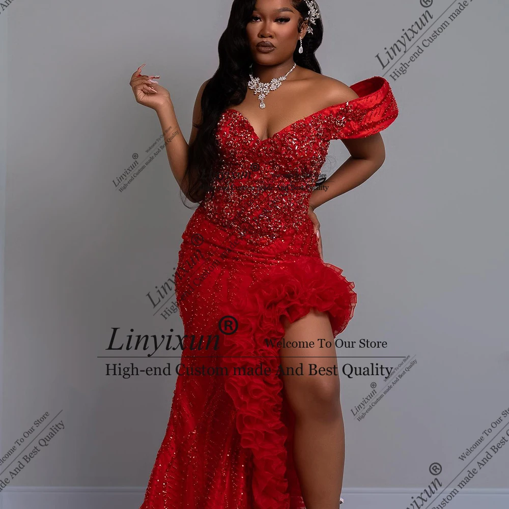 

Elegant Crystal Prom Dresses 2025 Tulle Pleats Side Slit Mermaid Wedding Party Gowns Customized Sleeveless vestido madrinha